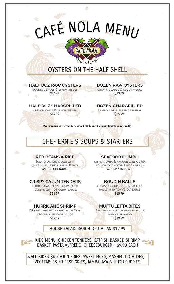 Café Nola menu: oysters, soups and starters, house salad, kids menu and sides