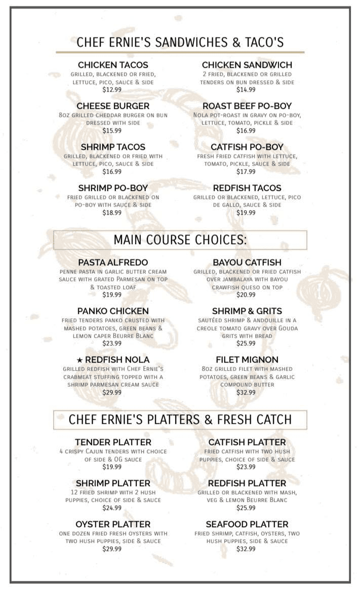 Café Nola menu: sandwiches, tacos, main courses, platters and fresh catch